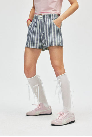 [Monterest] Lace Trim Striped Relaxed Shorts