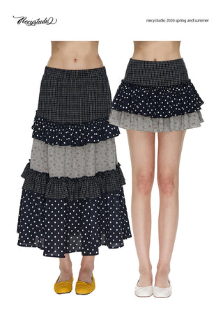 [NECY] Floral Dot Patchwork Cake Skirt (2ver)