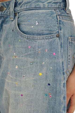 [Moromoro2] Rhinestone Bow Embroidered  Denim