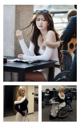 [NOTAWEAR] Fur Trim Off-Shoulder Knit Top