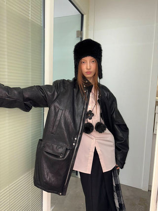 [NeverSeez] Padded PU Leather Trench Coat