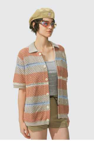 [Monterest] Open Knit Striped Short Sleeve Cardigan