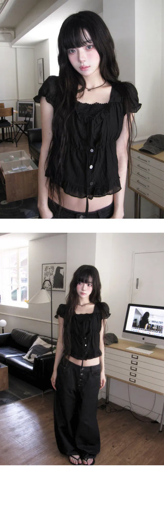 Root Frill Short Sleeve Blouse - 4 colors (Delayed delivery)