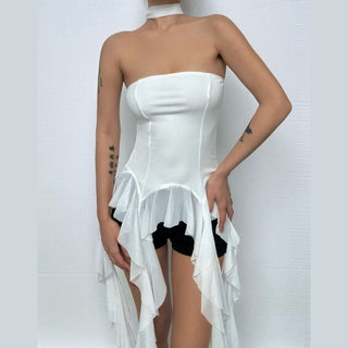 Ruffle mesh stitch self tie solid backless tube top