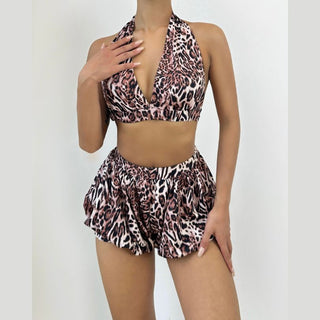 Leopard print deep V neck halter hollow out mini skirt set