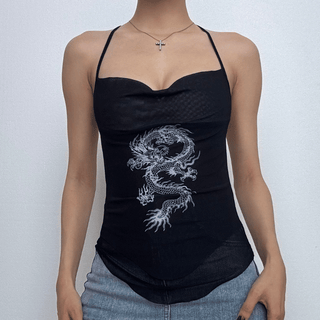 Cross back cowl neck print sheer mesh top