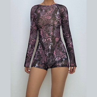 Long sleeve sheer mesh snakeskin print stitch romper