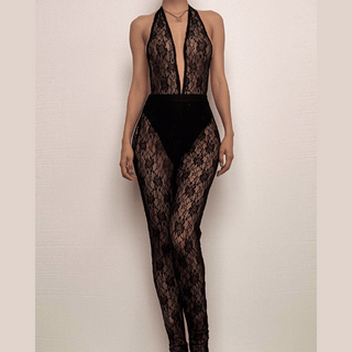 Halter deep v neck see through lace pant set