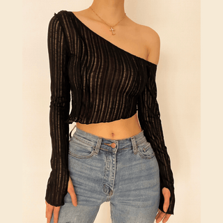 Long sleeve one off shoulder see through ruffled top - Halibuy