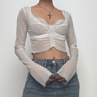 Long sleeve stitch sheer mesh ruffle crop top