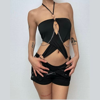 Halter hollow out metal chain o ring bodysuit