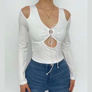 Hollow out solid long sleeve drawstring ruched off shoulder crop cut out top