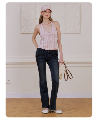 [NECY] Pink Blossom Strap Halterneck Top
