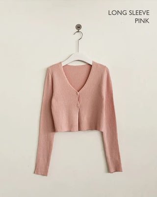 (Short-sleeved/Long-sleeved) Pastel Cropped V-neck Slim Button Ribbed Cardigan