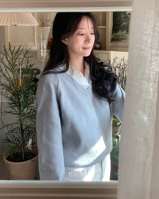 (8 colors) High-gauge V-neck raglan knit