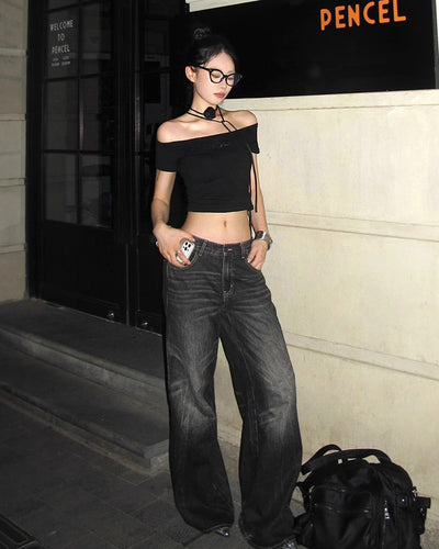 Black One-Shoulder Crop Top