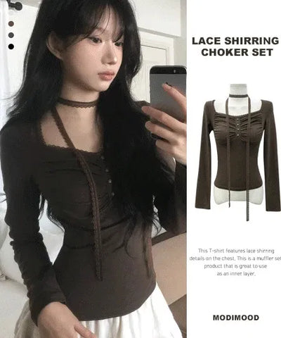 Shirring bean button long sleeve t-shirt - 4 colors