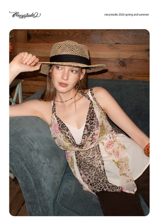[NECY] Floral Leopard Layer Halter Camisole Top