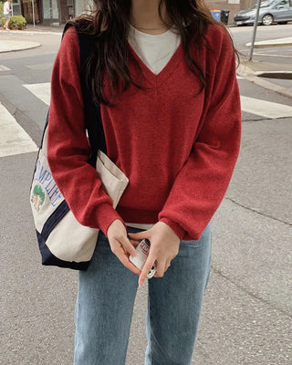 (8 colors) High-gauge V-neck raglan knit