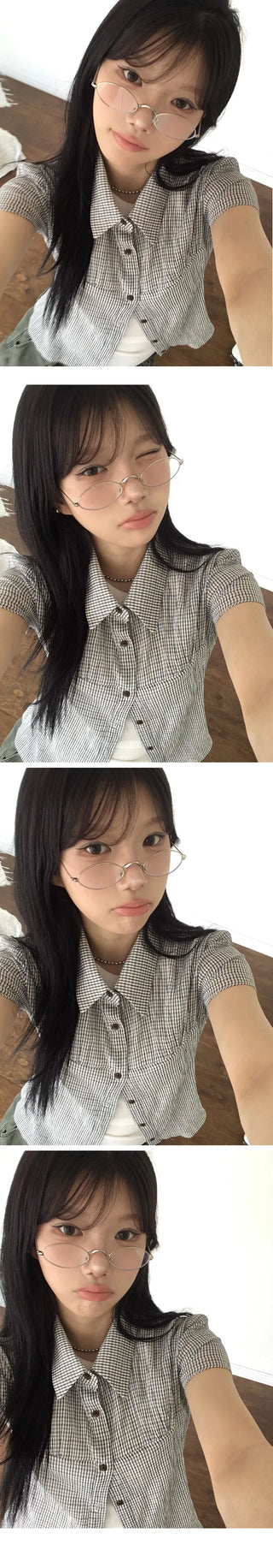 New York Shirring Short Sleeve Check Blouse BL - 2 Colors