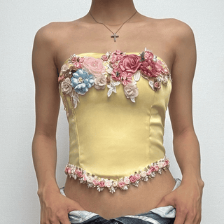 Satin bustier flower applique zip-up tube top