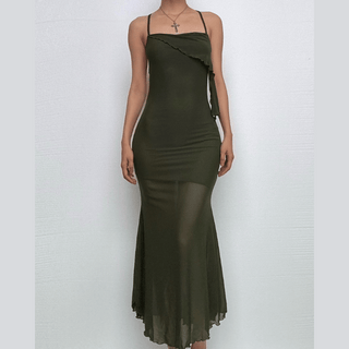 Ruffle irregular mesh cross back cami midi dress