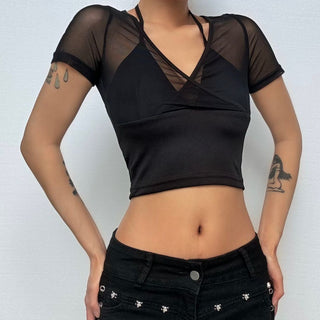 Halter v neck short sleeve mesh cross front top