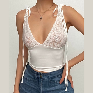 V neck see through lace ribbed patchwork ruched backless top