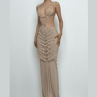 O ring textured hollow out self tie ruched tank cut out maxi dress-final-sale