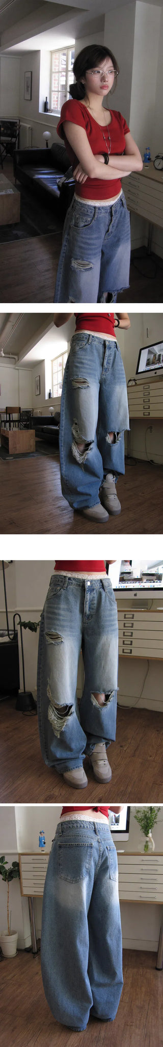Thunder Real Balloon Damaged Wide Denim Pants