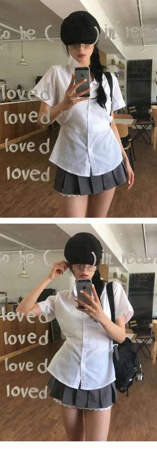 Snap Button Two-Way Short Sleeve Shirt with a Convex Line - 3 Colors