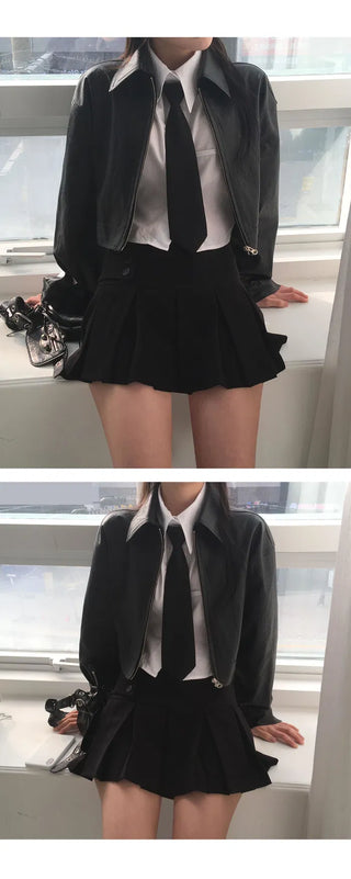 Single-collar half-crop leather jacket - 3 colors