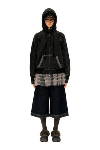 [Moromoro2] Raw-Edge Reversible Waffle Zip  Hoodie
