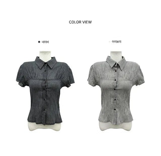 New York Shirring Short Sleeve Check Blouse BL - 2 Colors