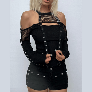 Off shoulder long sleeve fishnet patchwork buckle top