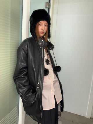 [NeverSeez] Padded PU Leather Trench Coat