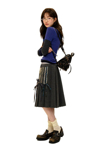 [Moromoro2] Lace Trim Plaid Patchwork Pleated  Skirt