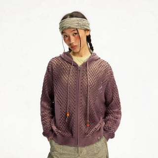 [Monterest] Spiral Mesh Washed Hooded Knit Cardigan