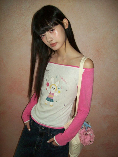 [moromoro2] Off-Shoulder Rabbit Print  T-shirt