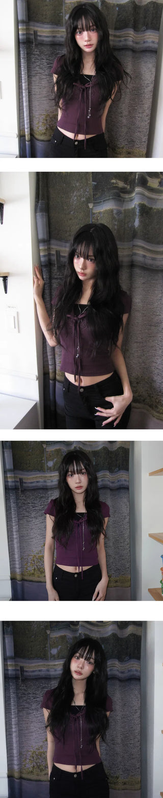 Shoe Deep V Lace Purple Short Sleeve Slim T-shirt - 3 Colors