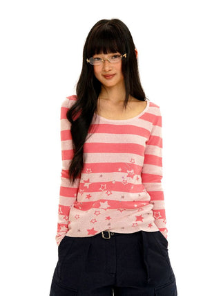 [Moromoro2] Star Striped Rhinestone Knit  Top