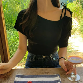Asymmetrical off-shoulder ribbon blouse