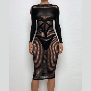 Long sleeve crewneck hollow out cut out maxi dress