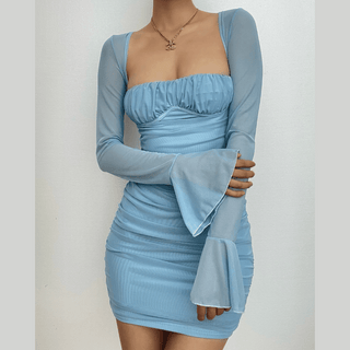 Mesh flared sleeve solid ruched zip-up lace up mini dress