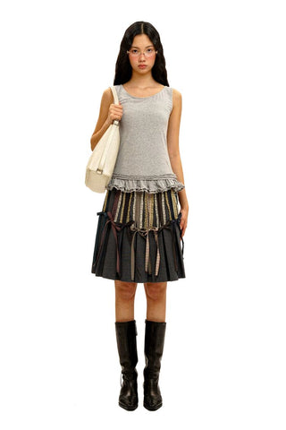 [Moromoro2] Lace Trim Plaid Patchwork Pleated  Skirt