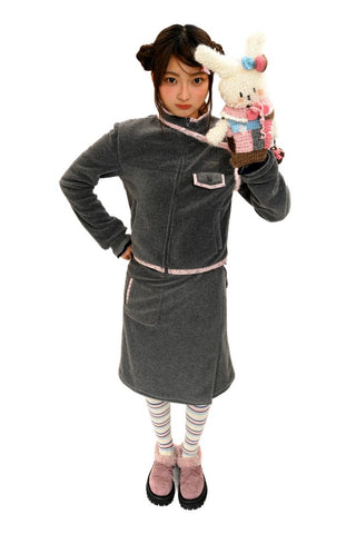[Moromoro2] Fleece High Neck Jacket & A-Line Skirt  Set