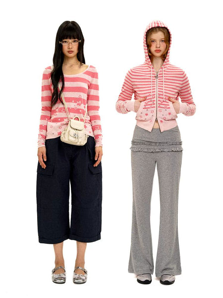 [Moromoro2] Star Striped Rhinestone Knit  Top