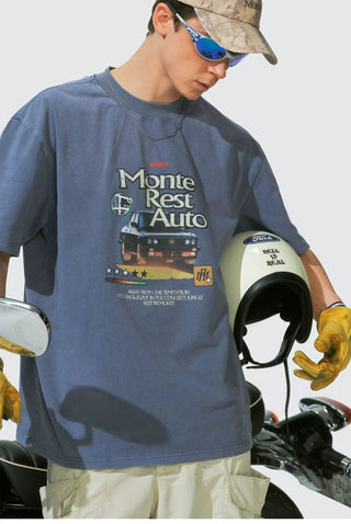 [Monterest] Washed Cotton Racing Print T-Shirt