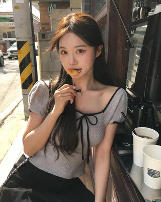 Ribbon Bicolor Short-Sleeve Knit