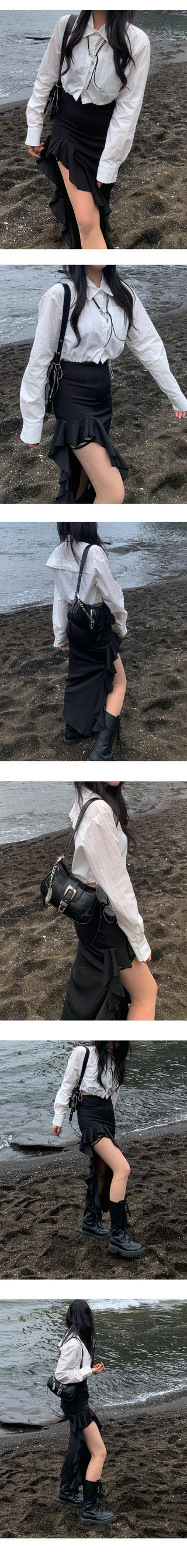Frilled asymmetrical long skirt